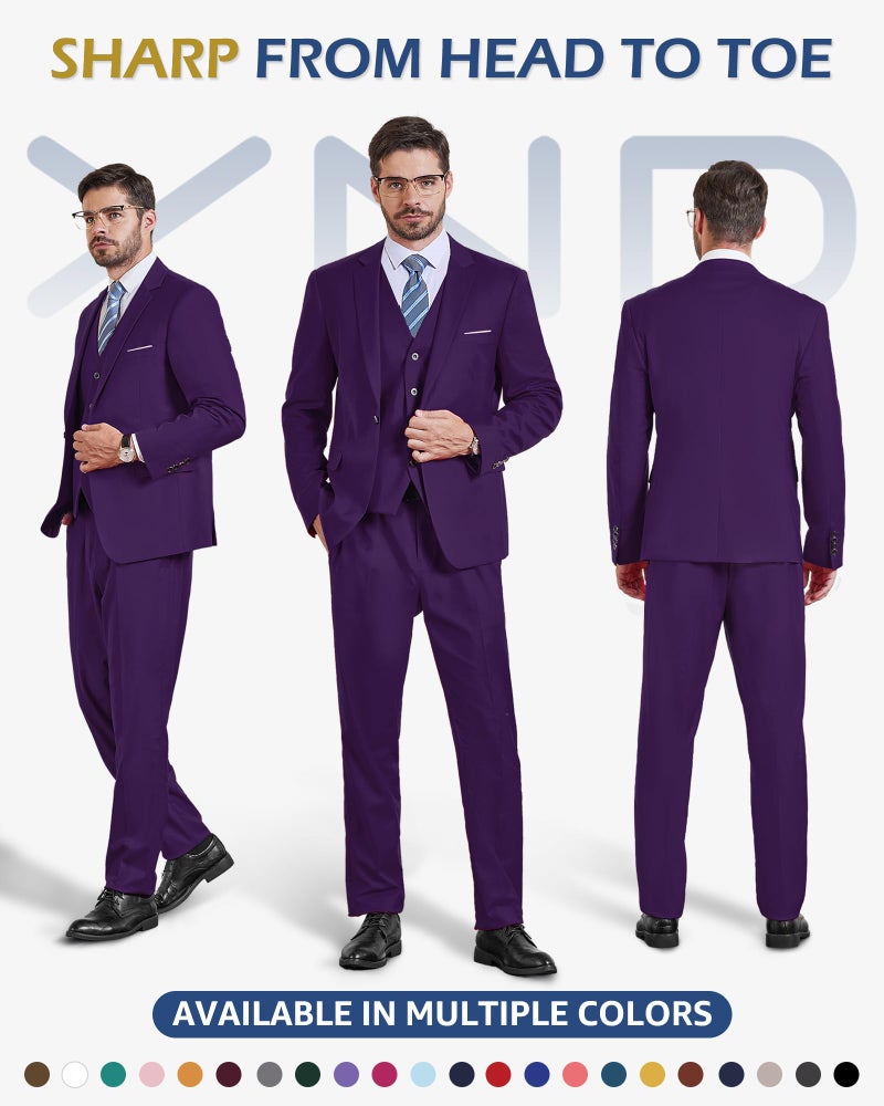 YND Men's Slim Fit 3 Piece Suit Set, One Button Solid Blazer Vest Pants with Tie, for Wedding Party Proms and Business, Deep Purple - Image 2